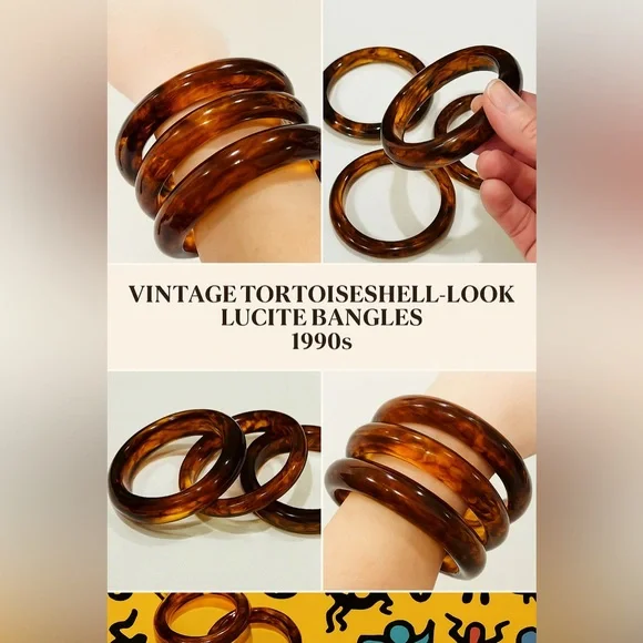 Vintage Tortoiseshell Lucite Bangle Trio | Bold Marbled Stacking Set | 1990s - Picture 2 of 16
